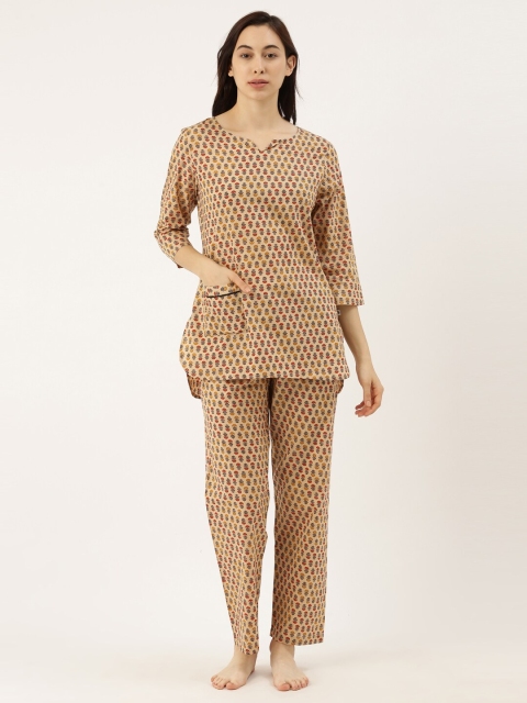 

Bannos Swagger Women Beige & Mustard Printed Night suit