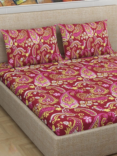 

Divine Casa Pink & Maroon Ethnic Motifs 180 TC Cotton 1 King Bedsheet with 2 Pillow Covers