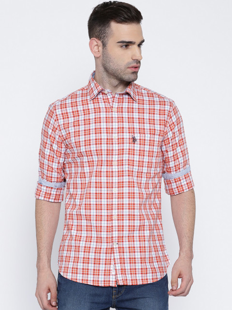 

U.S. Polo Assn. Orange & White Checked Tailored Fit Casual Shirt