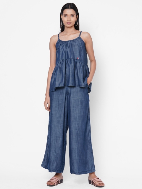 

ZOLA Women Blue Solid Pure Cotton Top with Palazzos