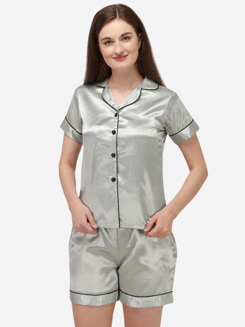 

Fbella Women Silver-Toned Satin Solid Night suit