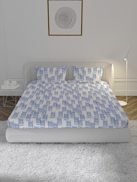 

MAYFAIR HOMES LONDON Blue & White Geometric 144 TC Cotton 1 Queen Bedsheet with 2 Pillow Covers