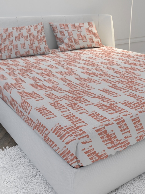 

MAYFAIR HOMES LONDON White & Orange Abstract 144 TC Cotton 1 Queen Bedsheet with 2 Pillow Covers