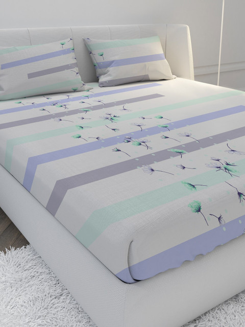 

MAYFAIR HOMES LONDON Off-White & Purple Striped 144 TC Cotton 1 Queen Bedsheet with 2 Pillow Covers