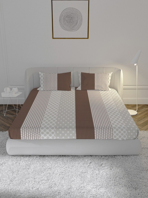 

MAYFAIR HOMES LONDON White & Brown Geometric 144 TC Cotton 1 Queen Bedsheet with 2 Pillow Covers