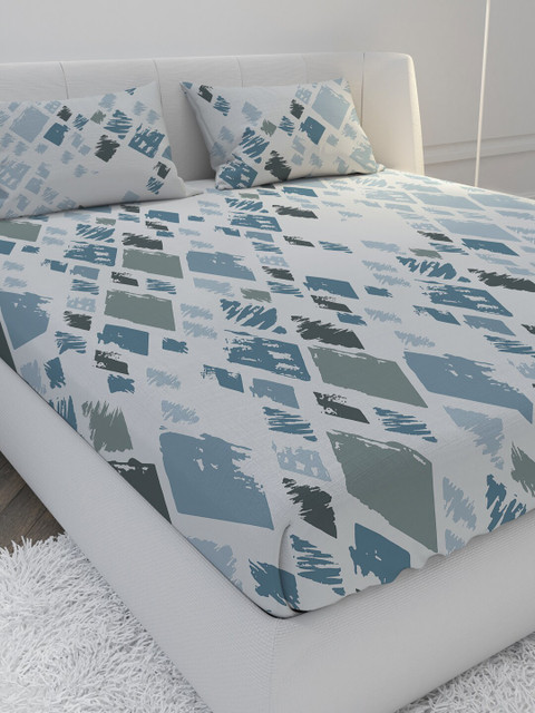 

MAYFAIR HOMES LONDON White & Blue Geometric 144 TC Cotton 1 Queen Bedsheet with 2 Pillow Covers