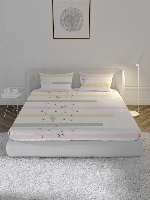 

MAYFAIR HOMES LONDON White & Pink Striped 144 TC Cotton 1 Queen Bedsheet with 2 Pillow Covers