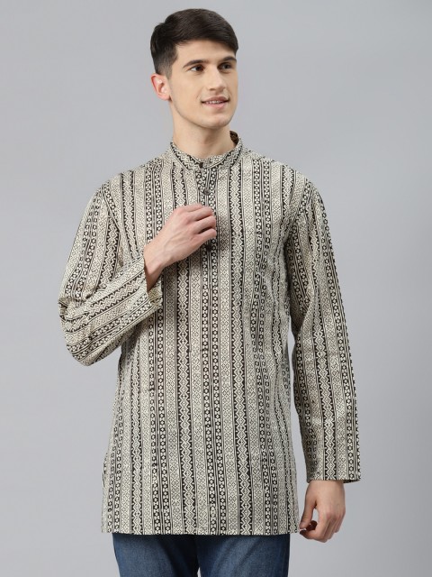 

Fabindia Men Beige & Black Pure Cotton Printed Above Knee Straight Kurta