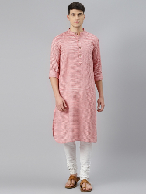 

Fabindia Men Coral Pink Striped Pure Cotton Kurta
