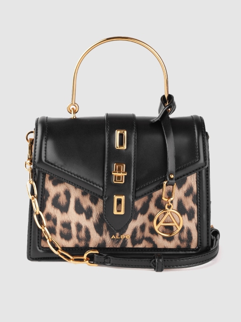 

ALDO Black & Beige Leopard Printed Structured Satchel