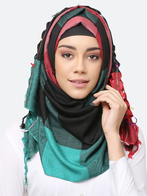 

MOMIN LIBAS Women Black & Turquoise Blue Colourblocked Scarf