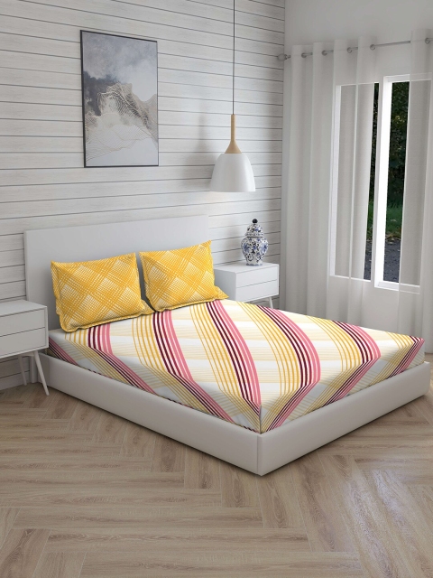 

Layers White & Yellow Striped 104 TC Cotton 1 Queen Bedsheet with 2 Pillow Covers