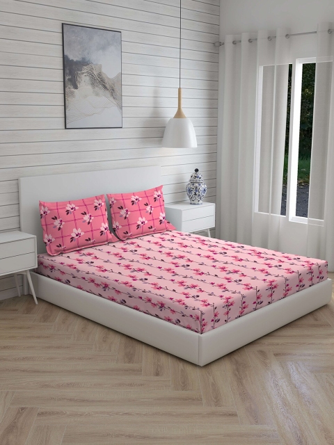 

Layers Pink & Peach-Coloured Floral 104 TC Cotton 1 Queen Bedsheet with 2 Pillow Covers