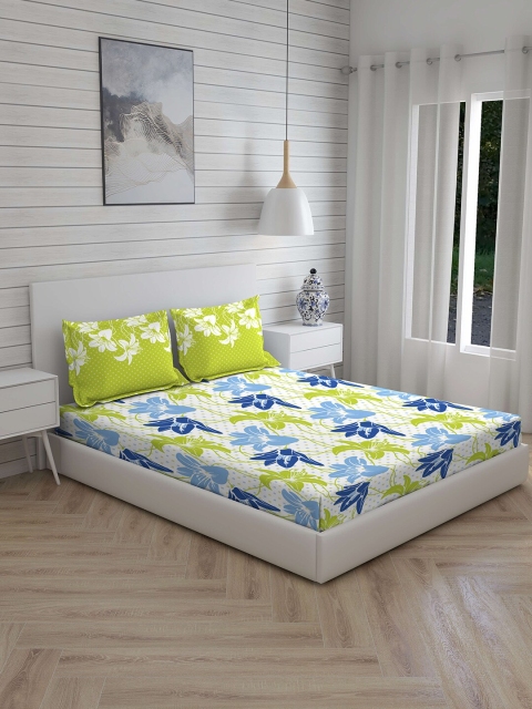 

Layers White & Green Floral 104 TC Cotton 1 Queen Bedsheet with 2 Pillow Covers