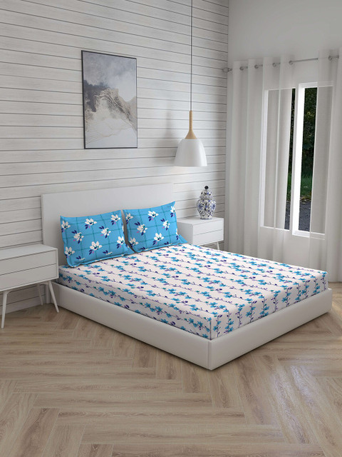 

Layers White & Blue Floral 104 TC Cotton 1 Queen Bedsheet with 2 Pillow Covers