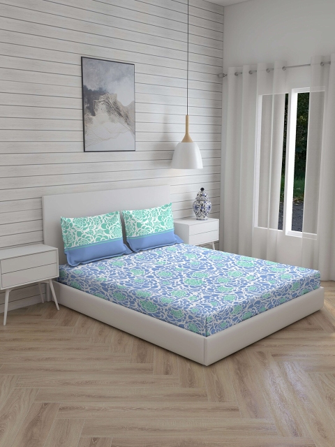

Layers Blue & Sea Green Floral 144 TC Cotton 1 King Bedsheet with 2 Pillow Covers
