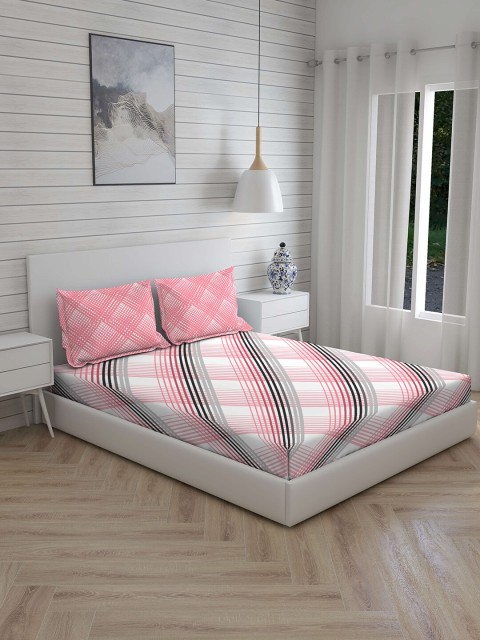 

Layers White & Pink Geometric 104 TC Cotton 1 Queen Bedsheet with 2 Pillow Covers