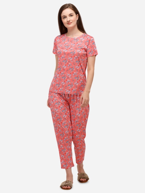 

Fbella Women Peach-Coloured & Blue Floral Printed Night Suit