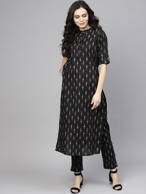 

GoSriKi Women Black Printed Cotton Kurta with Trousers