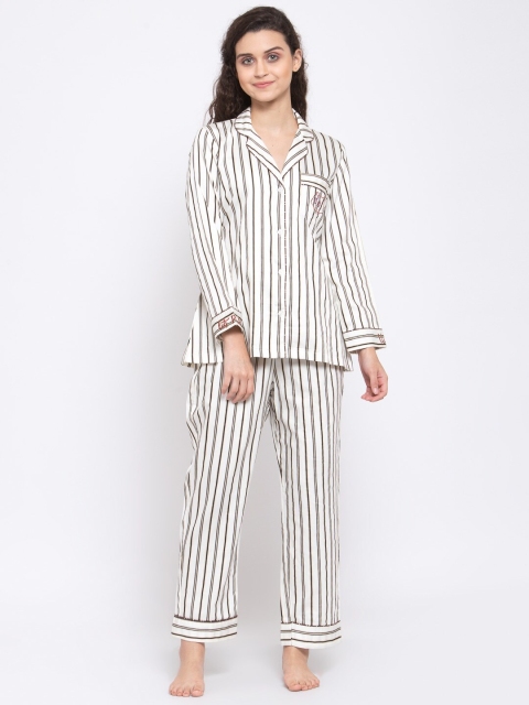 

MAXENCE Women White & Black Striped Night suit