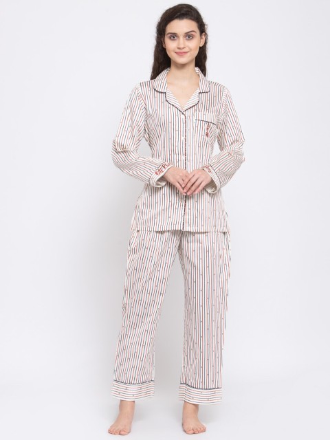 

MAXENCE Women White & Red Striped Night suit