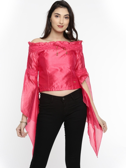 

Ira Soleil Pink Off-Shoulder Slit Sleeves Bardot Crop Top