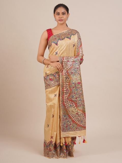 

Pothys Cream-Coloured Printed Jute Silk Saree