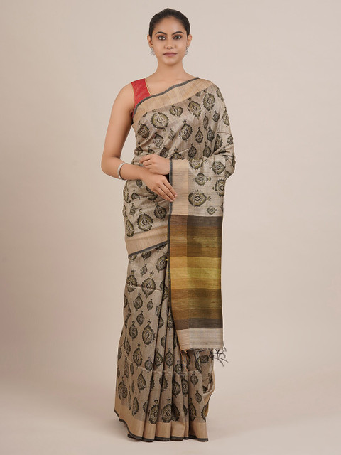 

Pothys Grey & Brown Pure Silk Printed Saree