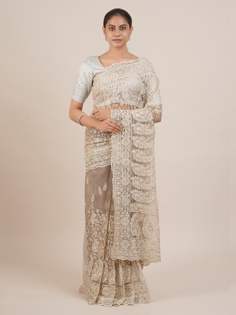 

Pothys Cream-Coloured Embellished Supernet Saree