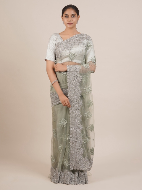 

Pothys Green Embroidered Supernet Saree