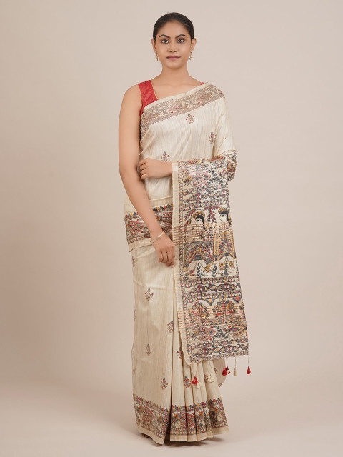 

Pothys Cream-Coloured & Black Jute Silk Printed Saree