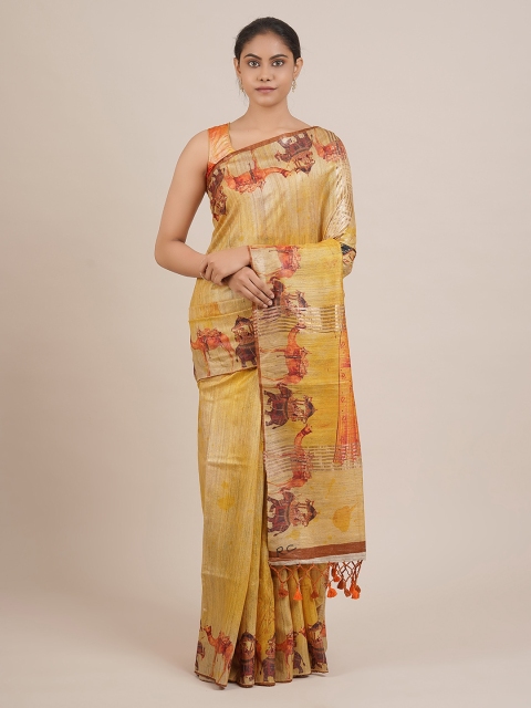

Pothys Yellow Printed Jute Silk Saree