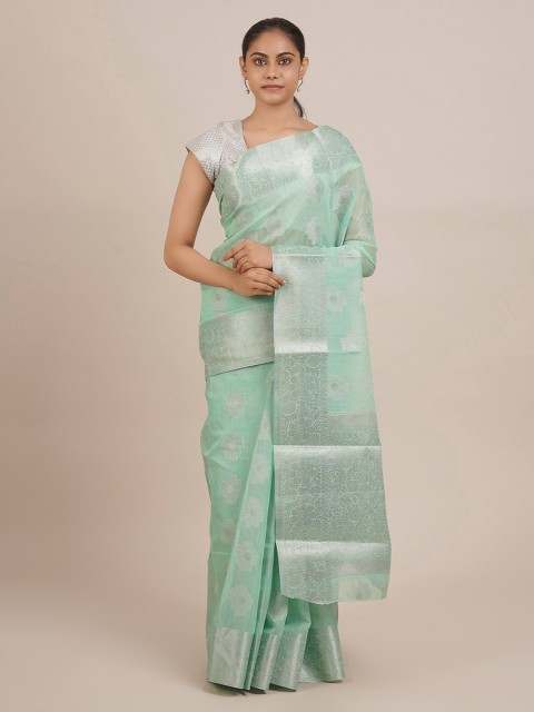 

Pothys Green Cotton Blend Woven Design Chanderi Saree