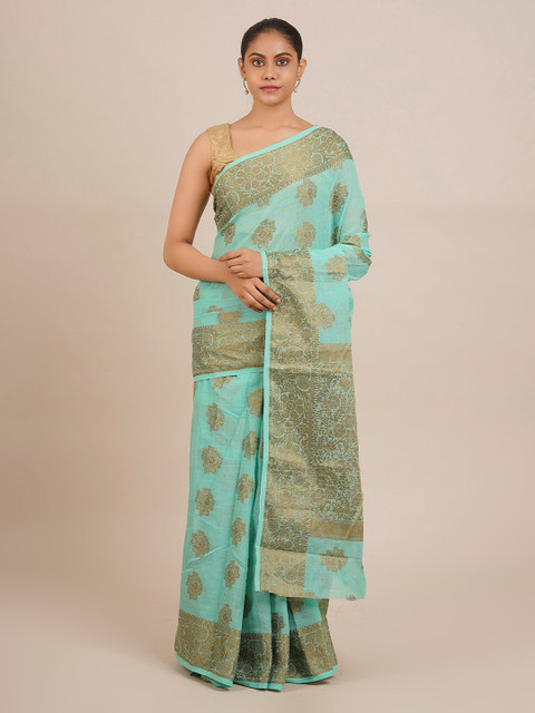 

Pothys Sea Green Cotton Blend Woven Design Chanderi Saree