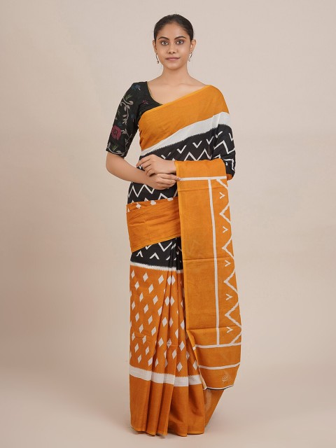 

Pothys Black & Mustard Pure Cotton Printed Saree