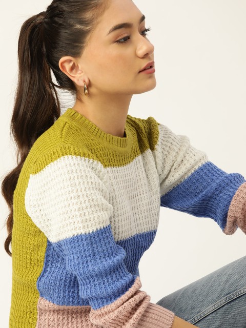 

DressBerry Women White & Blue Colourblocked Pullover