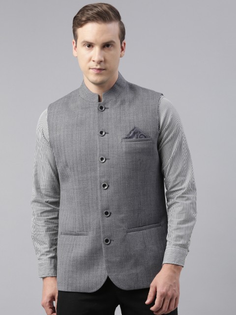 

Theme Men Grey Self-Designed Tweed Nehru Jackets