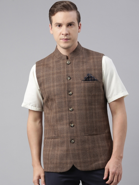 

Theme Men Beige Checked Woven Nehru Jackets