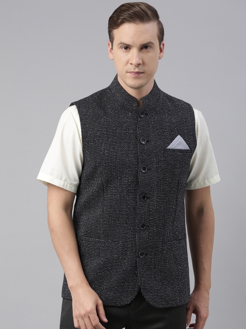 

Theme Men Black Self Design Woven Nehru Jackets