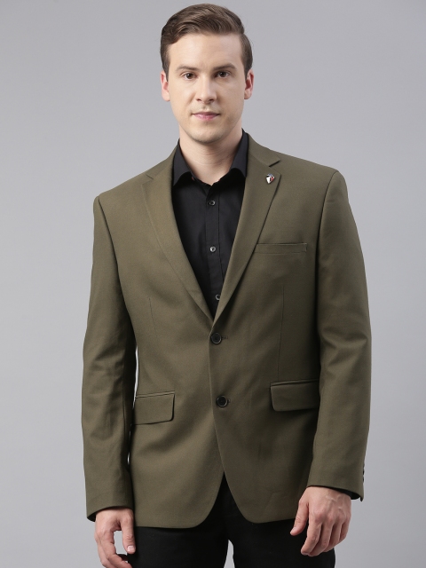 

Theme Men Olive Green Solid Slim Fit Casual Blazers