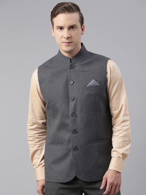 

Theme Men Grey Solid Woven Nehru Jacket