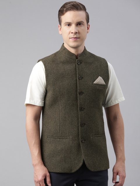 

Theme Men Olive Green Herringbone Woven Nehru Jackets