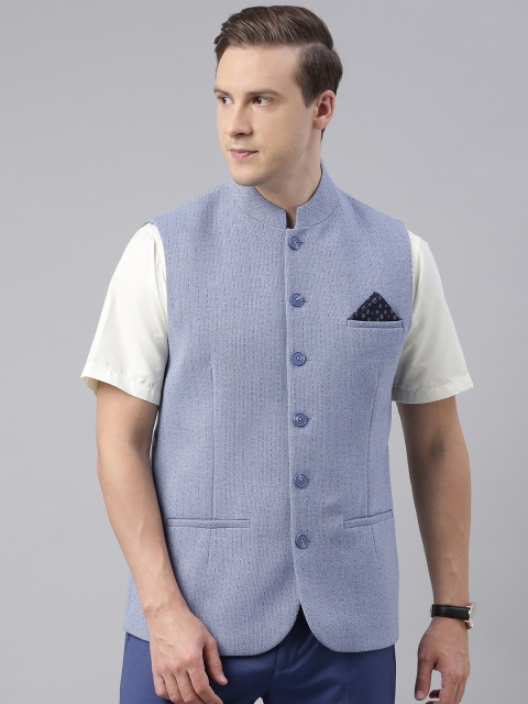 

Theme Men Blue Solid Woven Tweed Nehru Jacket