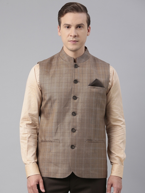 

Theme Men Beige Checked Woven Nehru Jacket