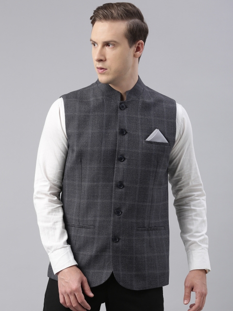 

Theme Men Grey Checked Woven Nehru Jackets
