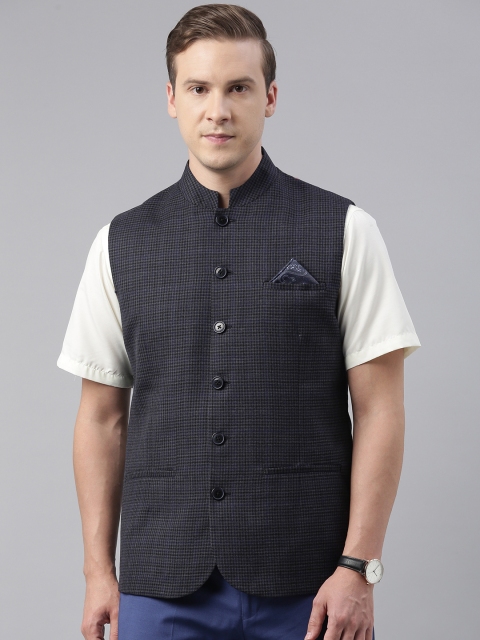 

Theme Men Blue & Black Checked Woven Nehru Jackets