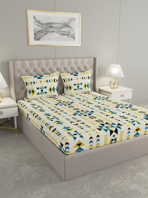 

Raymond Home White & Yellow Geometric 104 TC Cotton 1 Queen Bedsheet with 2 Pillow Covers