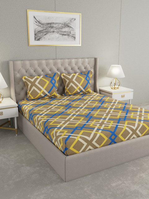 

Raymond Home Brown & Yellow Geometric 104 TC Cotton 1 Queen Bedsheet with 2 Pillow Covers