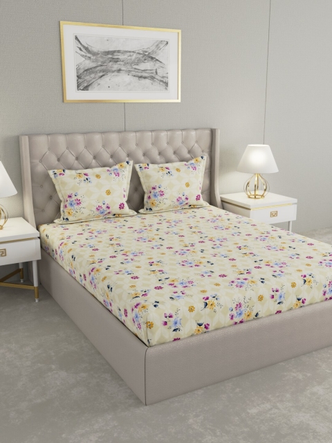 

Raymond Home Beige & Pink Floral 104 TC Cotton 1 Queen Bedsheet with 2 Pillow Covers