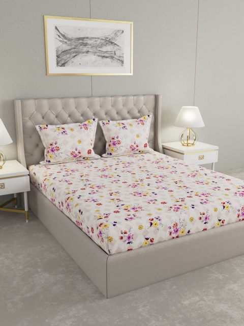 

Raymond Home White & Purple Floral 104 TC Cotton 1 Queen Bedsheet with 2 Pillow Covers